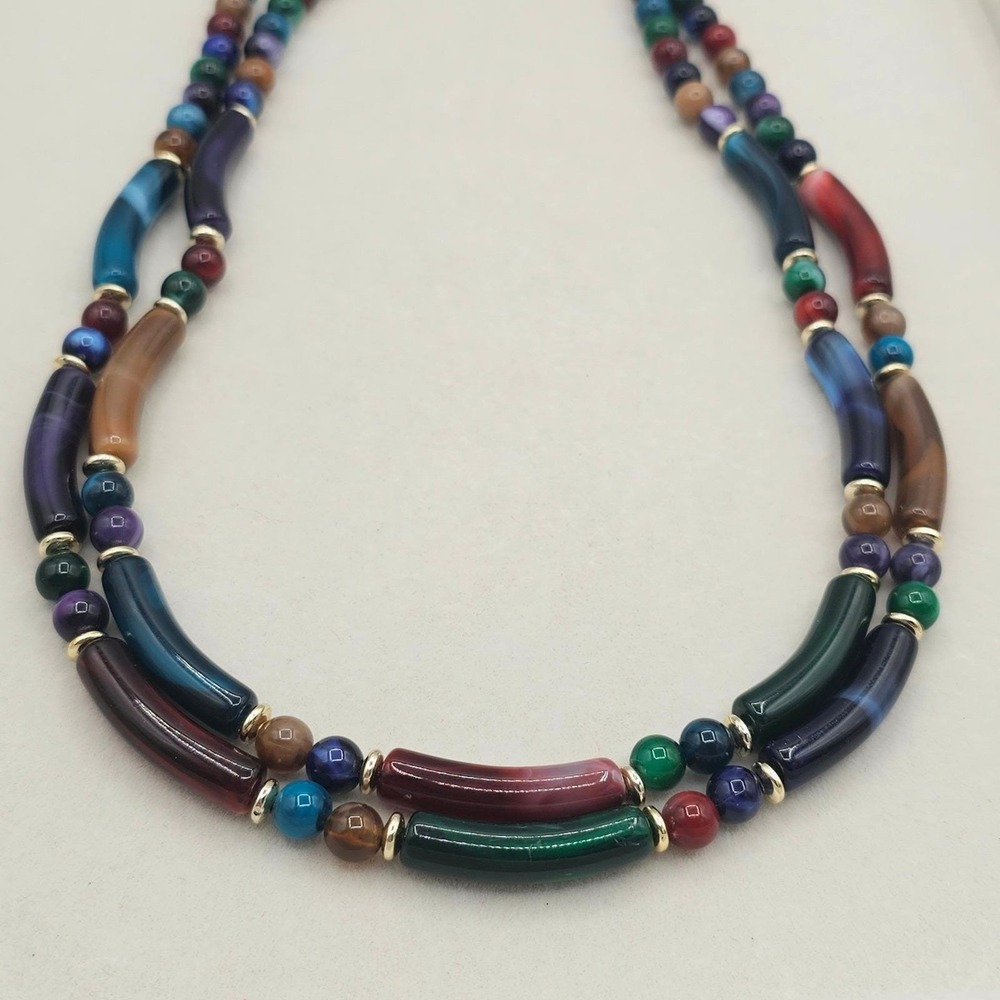 Vintage Bead Double Strand Necklace Multicolor Acrylic Marbled Beads Maximalist